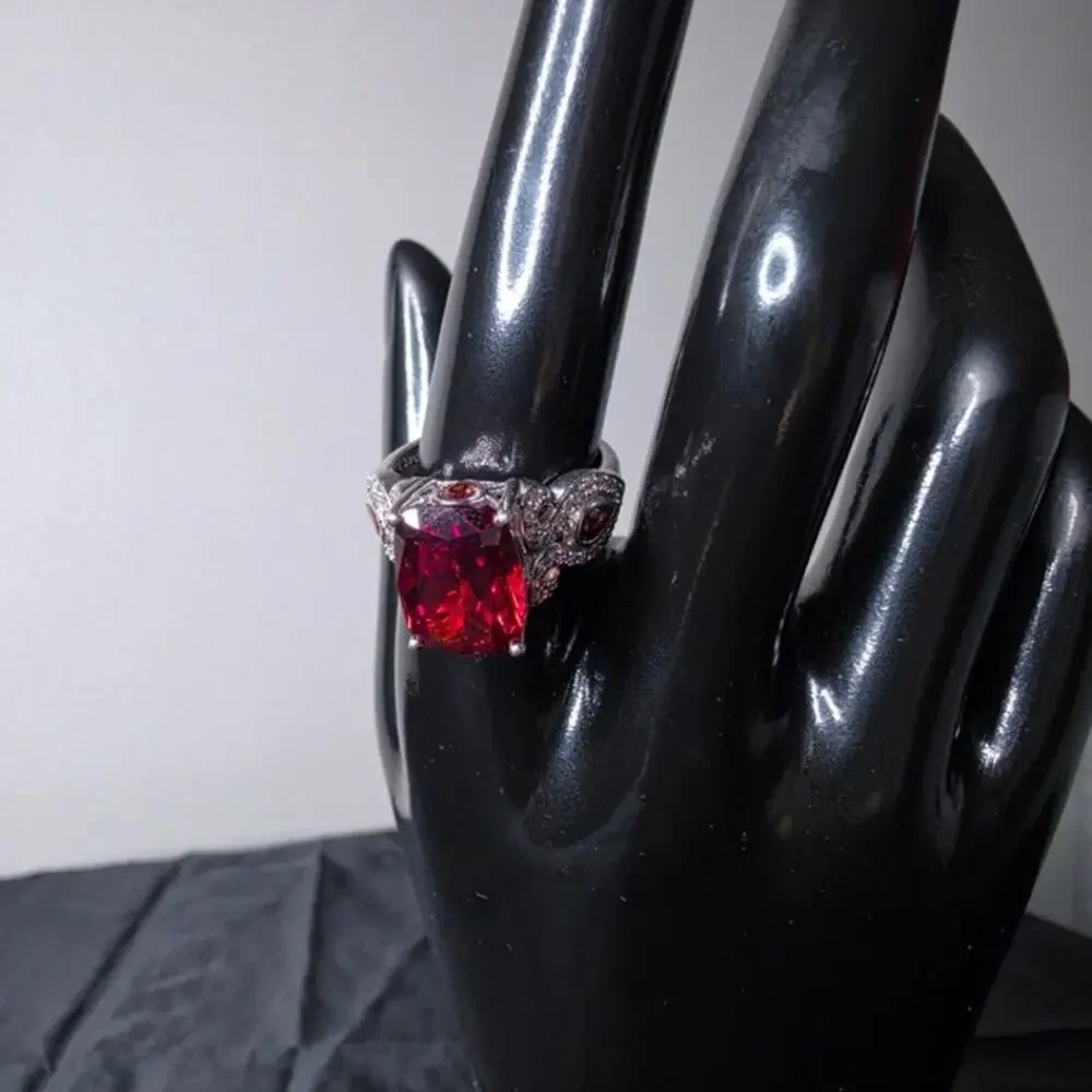 Emerald Cut Sim Garnett Cocktail Ring Rhodium over Sterling Silver Size 9